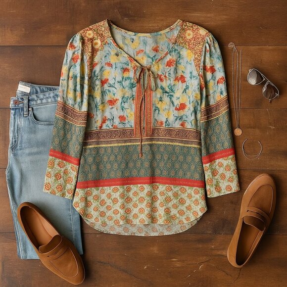 Fig and Flower Peasant Top Floral Sheer Boho Size Small - Picture 2 of 10